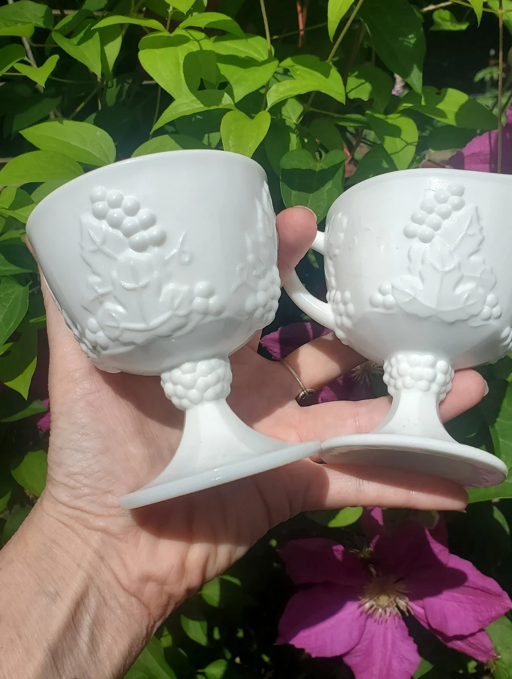 Vintage Indiana Glass Colony Harvest Grape Milk Glass Creamer & Sugar Bowl Set